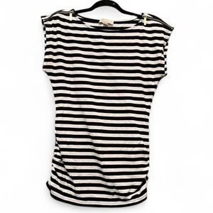 Michael Kors Black and White Striped Short Sleeve Top with Ruched Sides Medium